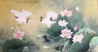 艺术家汪林日记:国画工笔画《荷花双鹤》，尺寸六尺98x180cm，附局部仙鹤【图2】