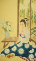 艺术家韩梅日记:国画人物工笔画《仕女图》美女吃荔枝，尺寸四尺竖幅68x138【图0】