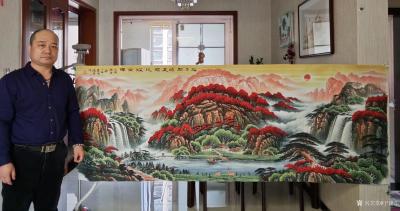 宁建华日记-彩墨山水画近作《旭日开鸿运福地耀金辉》，尺寸小八尺横幅240×96CM，第二幅作【图1】