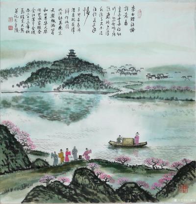 马曙光日记-国画：李白赠汪伦诗意图，尺寸四尺斗方68×68cm。
 曾去泾县桃游玩，返宁后【图1】