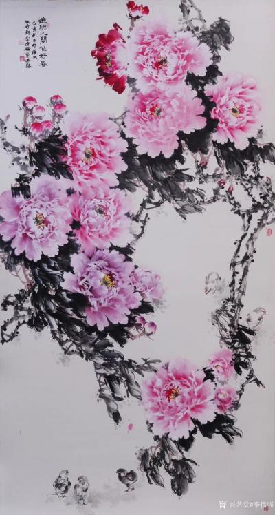 李伟强日记-国画牡丹《遍与人间作好春》；
 尺寸六尺整纸180X98CM，设色纸本，于广州【图1】