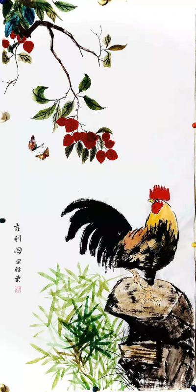 宋继兰日记-国画公鸡《吉利图》尺寸四尺竖幅168X38cm,乙亥年冬月新作品。
附新诗《只【图1】