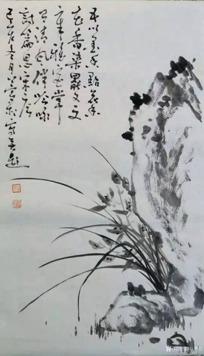 石梦松日记-国画兰草，附诗词题款：“吾以墨香点花香，花香染罢又文章。雅室常有清风伴，吟咏诗篇【图1】