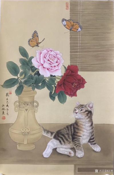 汪林日记-国画工笔花鸟画《赏花观蝶》，尺寸68x45cm，乙亥年冬月新创作作品。请欣赏。【图2】