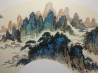 艺术家杨增超日记:国画山水画重彩扇面作品《黄色云烟》《南山庭院》《旭日东升》，【图1】