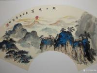 艺术家杨增超日记:国画山水画重彩扇面作品《黄色云烟》《南山庭院》《旭日东升》，【图5】