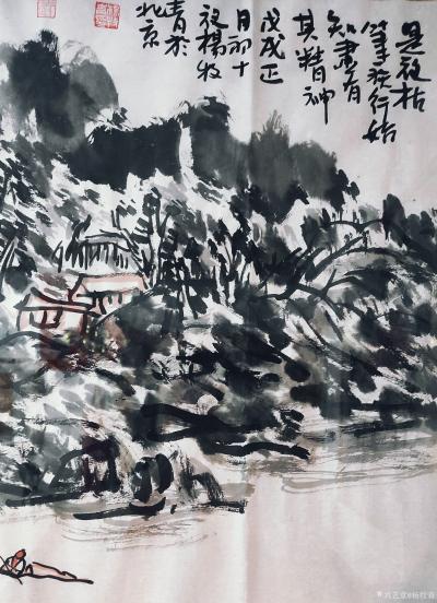 杨牧青日记-名称：大写意国画《是夜枯笔疾行，始知画有其精神》
规格：136cm×68cm/【图1】