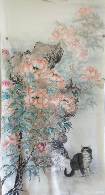 罗虹明日记-国画花鸟画《富贵吉祥》尺寸八尺整张。
画面喜庆寓意生机勃勃，荣华富贵。标价10【图1】