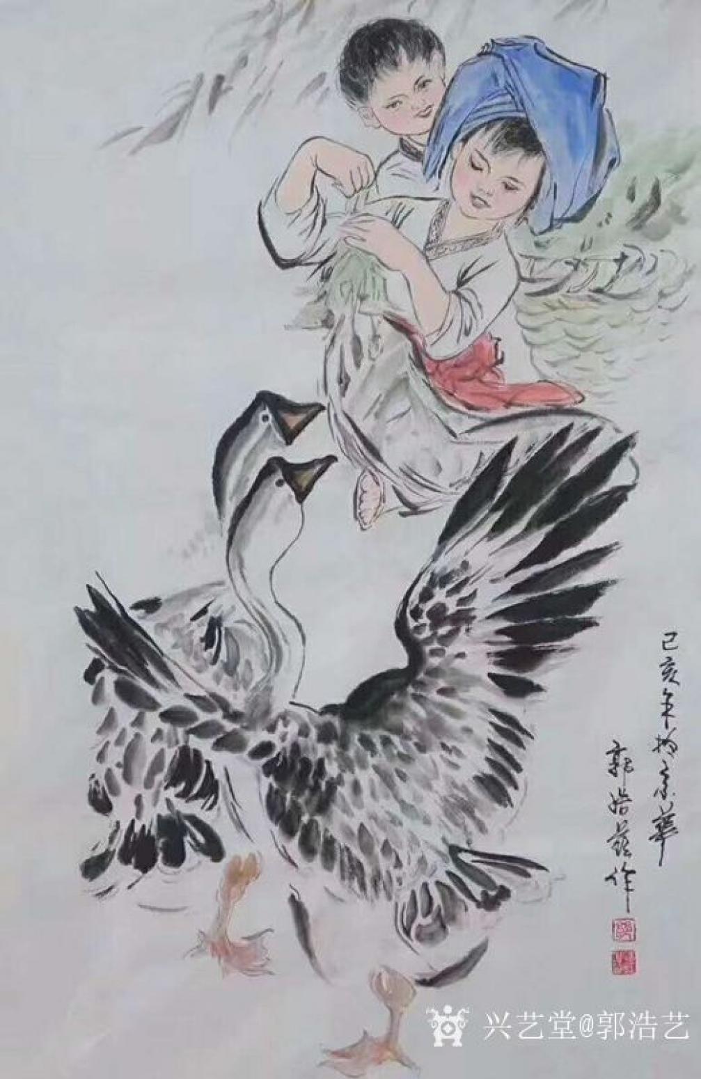 郭浩艺国画作品《仕女人物画-放鹅图》