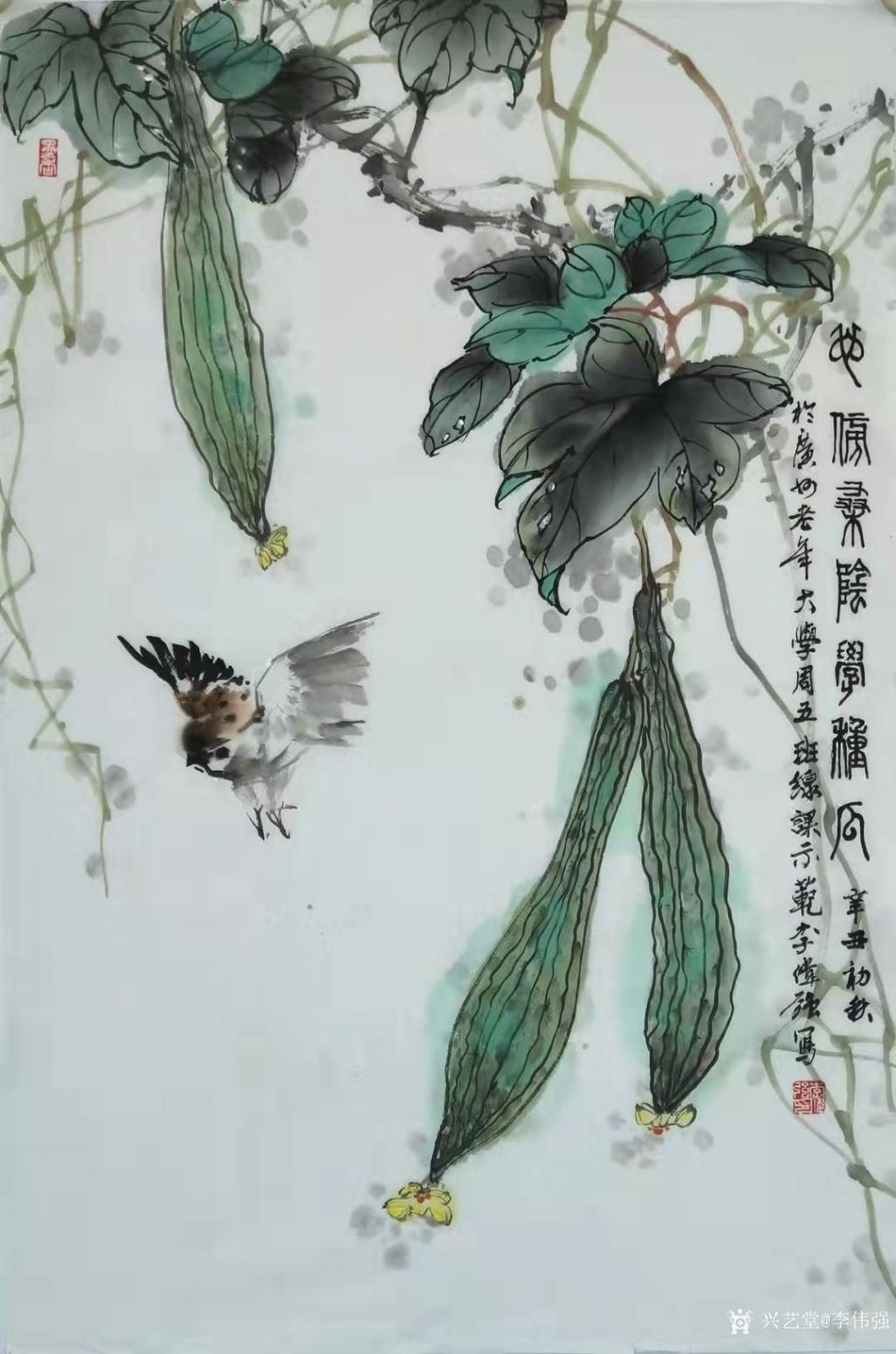 李伟强国画作品《花鸟-学种瓜》