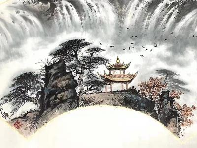 罗树辉日记-国画山水画《疑是九天银河落》，作品尺寸扇面33X68cm，辛丑年孟冬罗树辉创作於【图2】