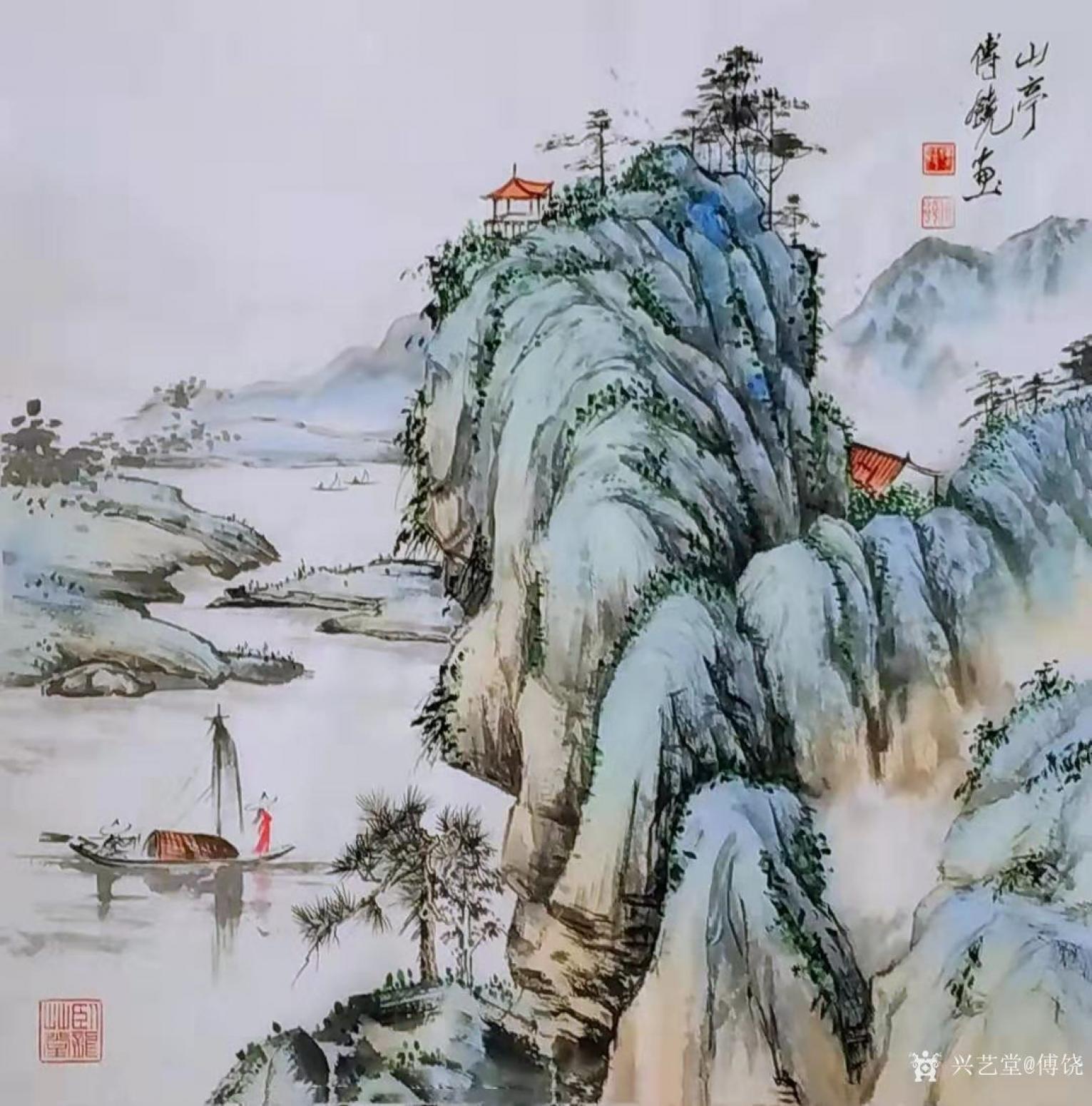 傅饶国画作品《彩墨山水画-山亭》