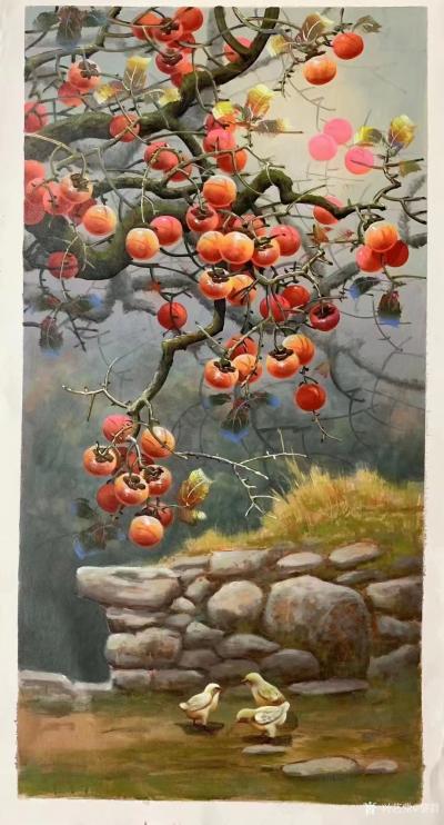 黎群日记-柿柿如意，60-120㎝布面油画。《事事如意》，挂满枝头的柿子，宛如一个个璀璨的【图1】