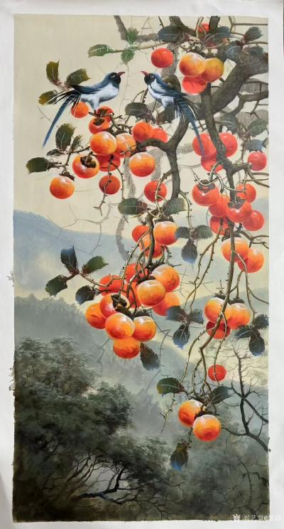 黎群日记-柿柿如意，60-120㎝布面油画。《事事如意》，挂满枝头的柿子，宛如一个个璀璨的【图2】