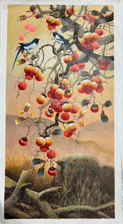 黎群日记-柿柿如意，60-120㎝布面油画。《事事如意》，挂满枝头的柿子，宛如一个个璀璨的【图3】