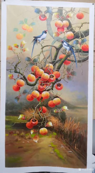 黎群日记-柿柿如意，60-120㎝布面油画。《事事如意》，挂满枝头的柿子，宛如一个个璀璨的【图4】