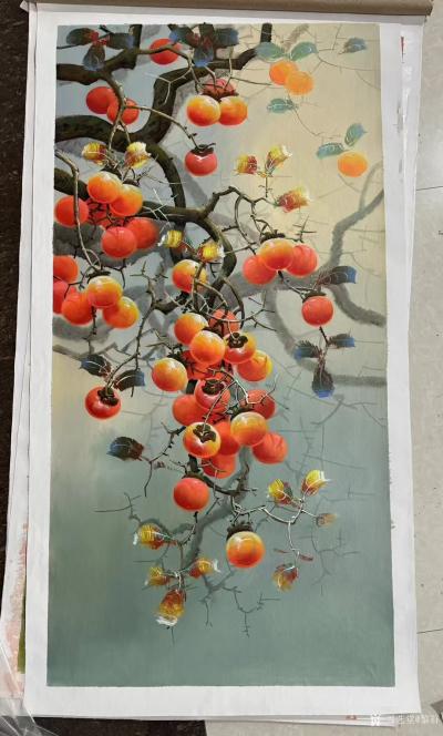 黎群日记-柿柿如意，60-120㎝布面油画。《事事如意》，挂满枝头的柿子，宛如一个个璀璨的【图5】