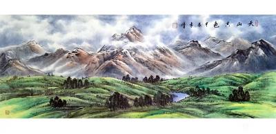 袁峰日记-彩墨山水画《天山天池》，小六尺作品，袁峰作於甲辰年。
春来渐暖雪未融，鲜花丽影【图1】